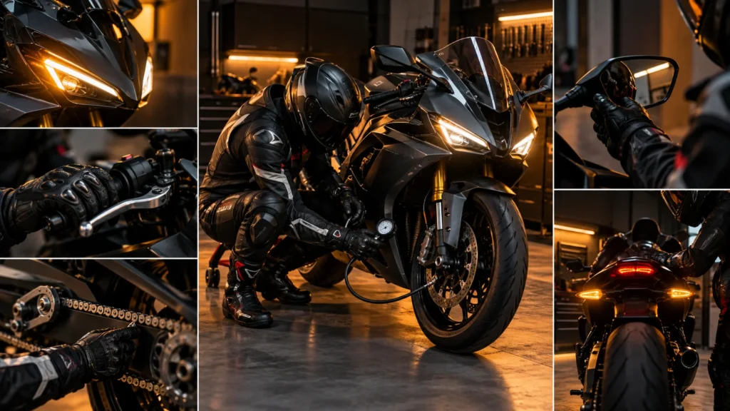 Ilustrasi pemeriksaan keselamatan sebelum riding motor sport