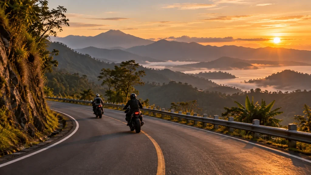 Ilustrasi touring motor sport saat matahari terbit