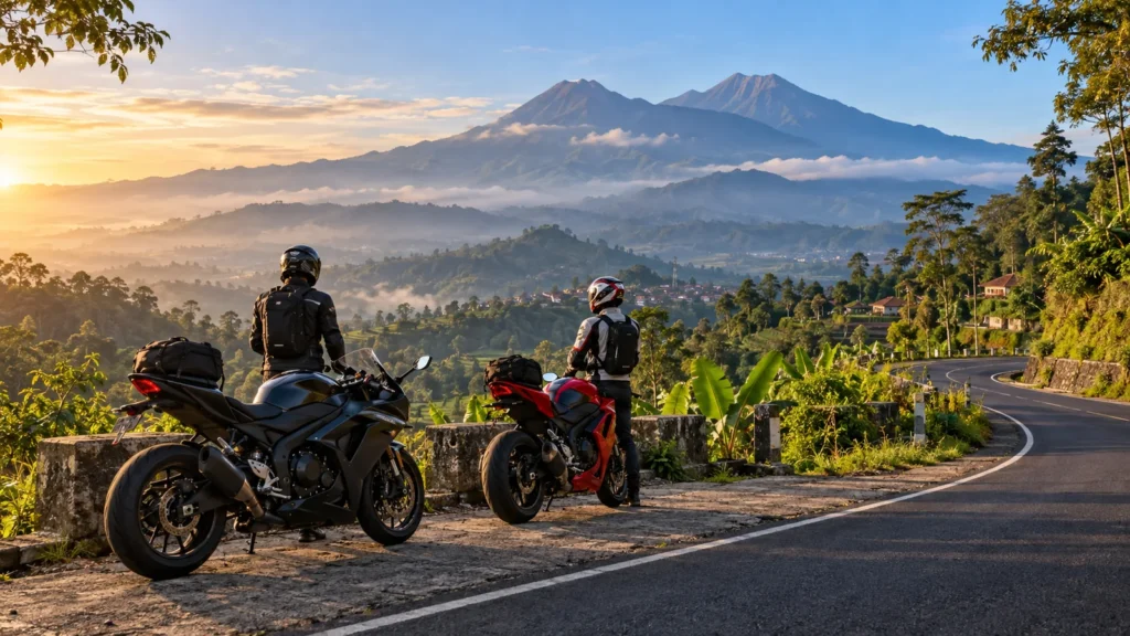 Ilustrasi perjalanan motor sport menuju kawasan Trawas dan Pacet
